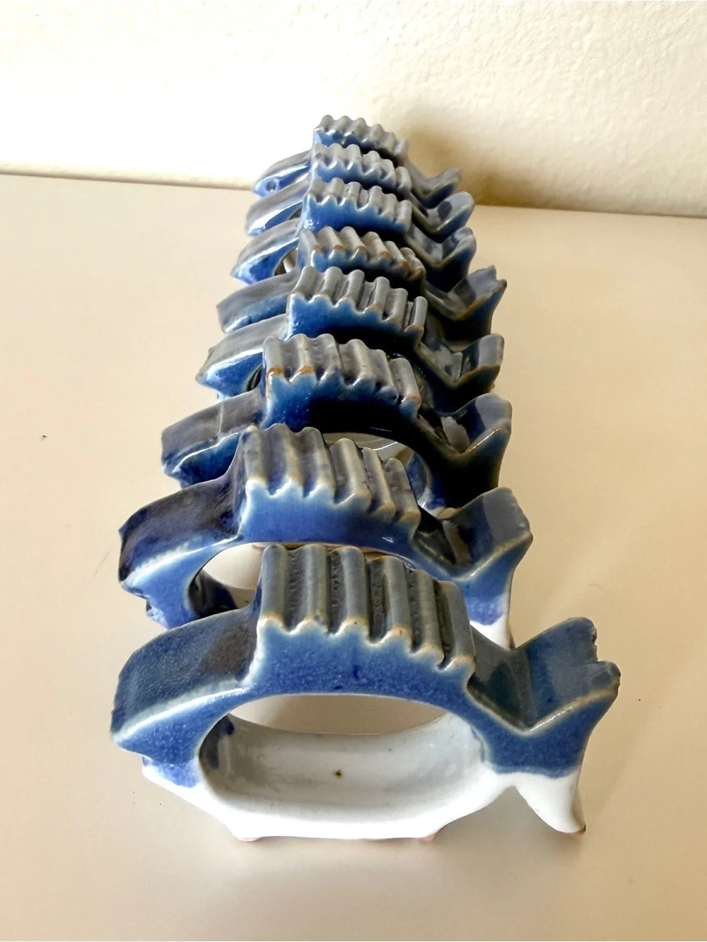 Vintage Blue White Ceramic Fish Napkin Rings Set of 8 Coastal Nautical Decor